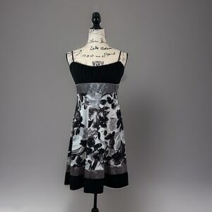 Black & Gray Floral Sleeveless Dress - Empire Waist A‎ Line Fit Flare Party